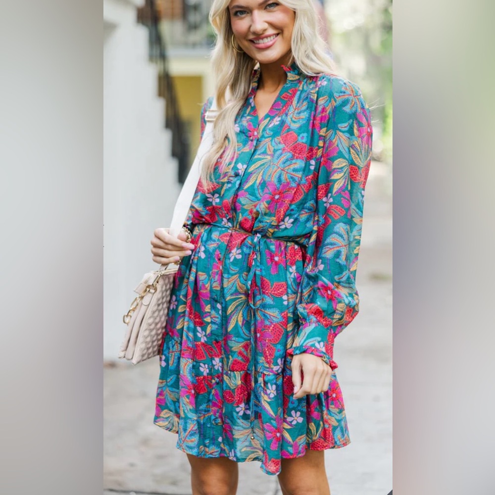 Floral Boho Button Front Belted Mini Dress | Teal Pink Tropical Size Small